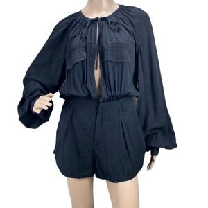 New TwoTwinStyle Women's Black Split Front Tie Neck Puff Sleeve Romper Size M